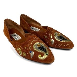 Abstrax Vintage 80s Shoes Womens 8.5 N Brown Suede Rhinestone Flat Slip On Artsy